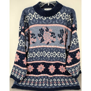 Private Eyes Vintage Women’s Acrylic Sweater M/L Blue Pink White 80s-90s Floral